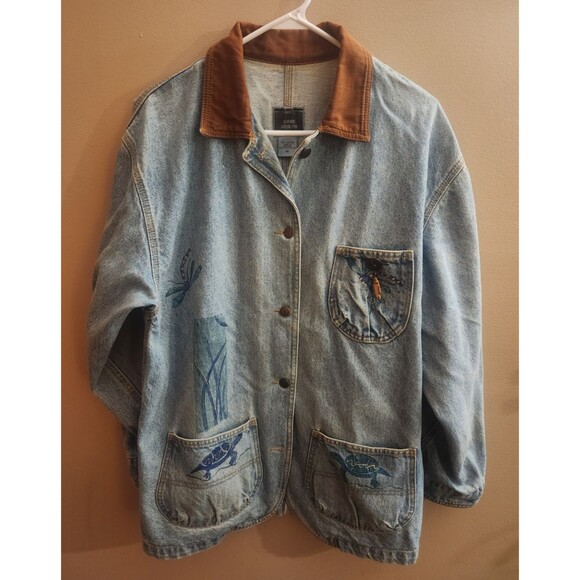 Vintage Adobe Designs Denim Jean Jacket Artsy Turtle Fish Rust Collared Size M - Picture 1 of 10